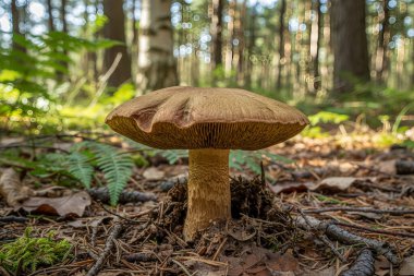 Yeşil eğrelti otları ve düşmüş çam iğneleri ile çevrili, geniş bir kapak ve dokuma gövdesi ile yalnız bir mantar belirgin bir şekilde doğal orman zemininde durur.