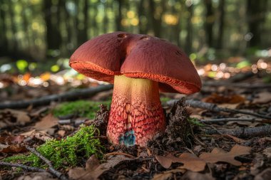 Detaylı bir yakın çekim koyu kırmızı bir kapak ve çarpıcı kırmızı ve sarı desenli bir kök ile canlı bir mantar yakalar, yosun ve sonbahar yaprakları arasında yuvalanmış güneş lekeli bir ormanlık alanda