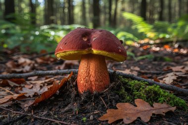 Düşen yapraklar ve yosunlarla çevrili koyu topraktan tek bir mantar çıkar.