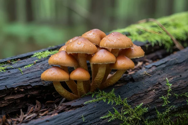 Küçük, kahverengi mantarlardan oluşan bir kümenin yakın plan görüntüsü. Kapaklarında parlak su damlacıkları var. Orman ortamında, yosun kaplı bir kütükten çıkıyorlar.