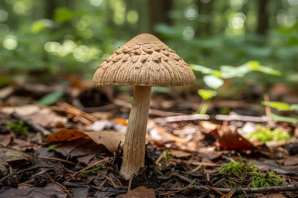 Yapraklar ve yosunlarla kaplı bir orman zemininde büyüyen desenli bir başlık ve sapla tek bir şemsiye mantarının ayrıntılı görüntüsü.
