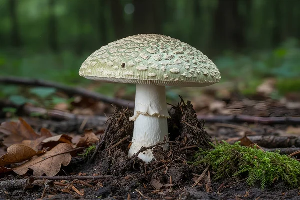 Organik atıklar ve canlı yeşil yosunlarla çevrili orman zemininden yükselen Ölüm Kapsülü mantarı Amanita phalloides 'in yakın plan görüntüsü.