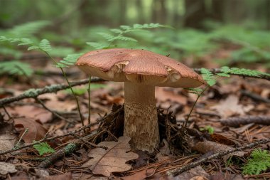 Yeşil eğrelti otları ve dağınık yapraklarla çevrili orman zemininde kendine özgü bir dokusu olan tek bir kahverengi mantar dimdik ayakta duruyor.