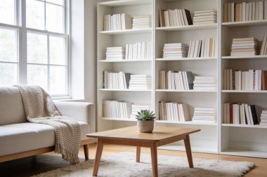 Huzurlu ve davetkar bir yaşam alanı. İçinde fırlatma ile örtülmüş rahat bir kanepe, sulu bitkilerle dolu ahşap bir sehpa ve çeşitli kitaplarla dolu geniş bir raf.