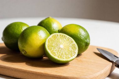 Canlı yeşil limonlardan oluşan bir grup, biri sulu iç kısmını ortaya çıkarmak için ikiye bölünmüş, küçük bir bıçağın yanında doğal bir tahta kesme tahtasına yerleştiriliyor.