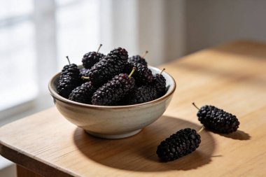 Olgun, koyu dutlu dutların yakın çekim görüntüsü seramik bir kasede toplanmış, birkaçı ahşap yüzeyine saçılmış, yumuşak doğal ışıkla yıkanmış.