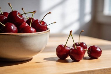Olgun, parlak kirazların kırsal seramik bir kaseden sıcak ahşap bir yüzeye dökülüşünü yakından görmek çarpıcı gölgeler yaratır.