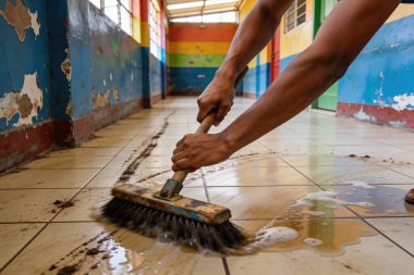 A person's hands are shown gripping a broom, actively scrubbing a dirty, tiled hallway floor with soapy water and debris
