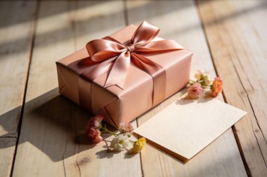 Güzel paketlenmiş bir hediye, sade ahşap bir yüzeyde duruyor. Zarif çiçeklerle süslenmiş ve kişisel mesaj için boş bir kart.