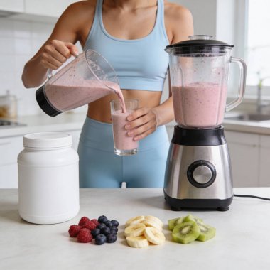 A woman in athletic wear prepares a nutritious berry smoothie, blending fresh fruits and protein powder for a post-workout drink