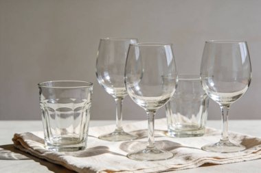 Çeşitli boş cam bardaklar ve şarap bardakları, yumuşak gölgeli, tarafsız bir kumaş yüzeyinde birlikte sergilenir.