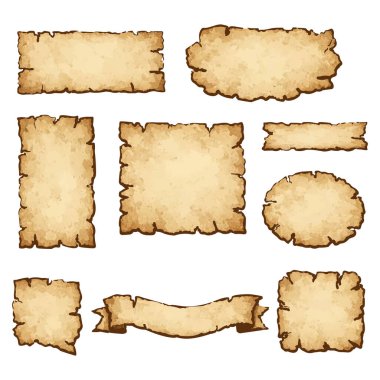 Yuvarlak uçlu ve farklı yönleri olan parşömen parşömenleri. Boş eski kağıt, tarihsel ya da fantezi temalar için mükemmel. Vektör çizgi film illüstrasyonu