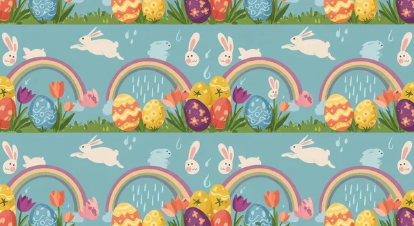 Mutlu Paskalya desenleri, renkli yumurtalar ve çiçekler. vektör illüstrasyonu