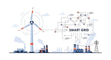 Akıllı elektrik santrali. akıllı güç istasyonu, akıllı fabrika, enerji, rüzgar enerjisi, güç kaynağı