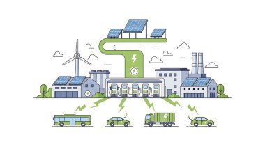 Arabası ve arabası olan bir elektrik santralinin izometrik vektör çizimi