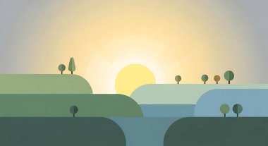 Ağaçlı ve dağlı yeşil manzara, vektör illüstrasyonu