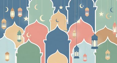 Ramazan Kareem İslam 'ı cami, ay ve cami ile selamlıyor. vektör