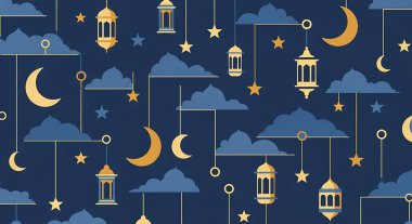 Ay, yıldızlar ve fenerler pürüzsüz desen. vektör illüstrasyonu.