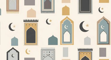 İslami arka plan, ay ve yıldızlı Müslüman camisi, İslami düzen, İslami sanat geçmişi, vektör illüstrasyonu