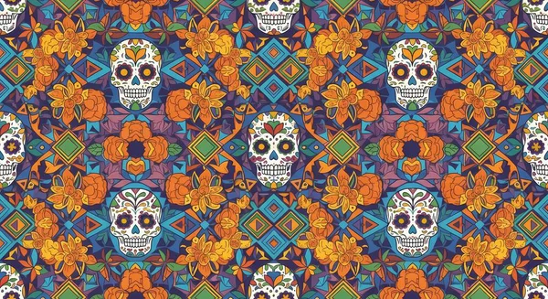 Kafatasları, Meksika elementleri ve çiçek desenli kusursuz desenler. vektör illüstrasyonu.