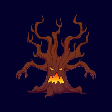 Çizgi film cadılar bayramı hayaletli, çarpık dalları ve parlayan sarı gözleri olan korkunç animasyon ağacı korkunç bir yüzü ve ışıldayan bir ağzı var. Fantezi ormanından ürkütücü bir canavar karakter.