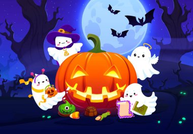 Komik hayaletler, parlayan balkabağı feneri ve çizgi film vektörüyle korkunç mistik cadılar bayramı manzarası. Uçan yarasalar, çarpık ürkünç ağaçlar, sevimli hayaletler ve Cadılar Bayramı korkunç şekerlemeleri.