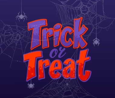 Çizgi filmlerdeki Cadılar Bayramı şaka mı şeker mi afişleri asılı örümcek ağı iplikleri ve karanlık arka planda örümcek siluetleri. Cadılar Bayramı şaka mı şeker mi? Örümcek ağındaki örümceklerle dolu tatil vektör kartı mı?