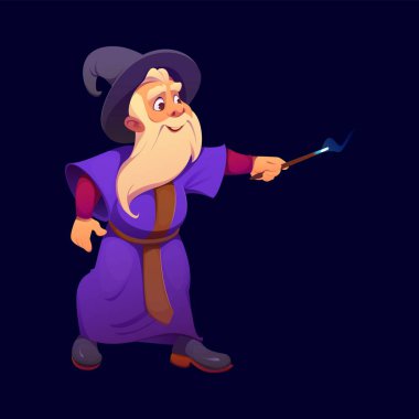 Karikatür cadılar bayramı büyücüsü ya da uzun beyaz sakallı büyücü karakter, vektör kişilikli. Sivri şapkalı ve mor cüppeli yaşlı büyücü Cadılar Bayramı korku gecesi tatili için sihirli değnekle büyü yapıyor.