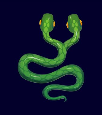 Çizgi film cadılar bayramı çift başlı yılan pürüzsüz yeşil pullu, sarı gözlü ve çatallı dilli. İki başlı vektör sürüngen, sihirli okült kral yılan karakteri, gizemli yılan kişiliği.