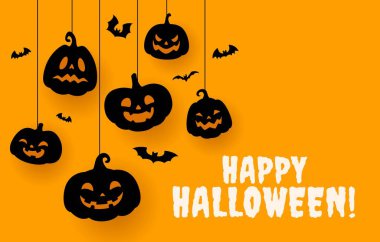 Parlayan turuncu yüzlü korkunç balkabakları ve vektör tebrik kartı dolu Cadılar Bayramı bayrağınız kutlu olsun. Mutlu Cadılar Bayramı korku gecesi tatili için iplerde uçan yarasaların silüetiyle sallanan ürkütücü balkabakları.