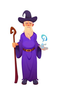 Karikatür cadılar bayramı eski sihirbaz korkutucu karakter tahta değnekle bir büyü yapıyor. Merlin ya da Dumbledore sihirbazı uzun beyaz sakallı mor uzun cübbeli ve ince şapkalı