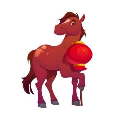 Çin Yeni Yıl Hayvanı için çizgi film karakteri, vektör sembolü. Kırmızı fenerli komik çizgi film atı ya da Çin 'in yeni yıl Asya bayramının sembolü ay takvimi için kağıt lamba.