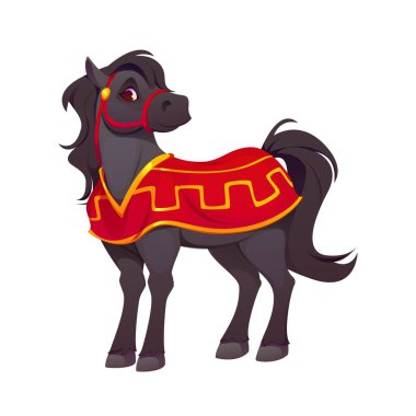 Çizgi film karakteri, Çin Yeni Yıl Hayvanı kırmızı ve altın rengi şenlik kıyafetleri içinde. İzole edilmiş vektör neşeli atlı şahsiyet CNY kutlamaları için hazır güç ve geleneği sembolize ediyor.