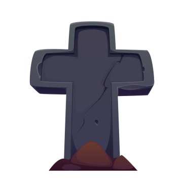 Haçlı karikatür mezar taşı. Ayrı bir vektör, Cadılar Bayramı korkunç mezar taşı, çatlaklar ve toprak. Son dinlenme yeri olarak yıpranmış. Mezar taşındaki çatlak yüzeyi olan eski mezar taşı.