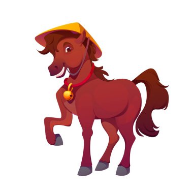 Çizgi film Çin Yeni Yıl At Hayvanı Karakteri. Geleneksel Asya şapkalı, kırmızı yakalı, altın çanlı ve neşeli yüzlü bir at. Tatlı Zodiac bayram kutlama sembolü.