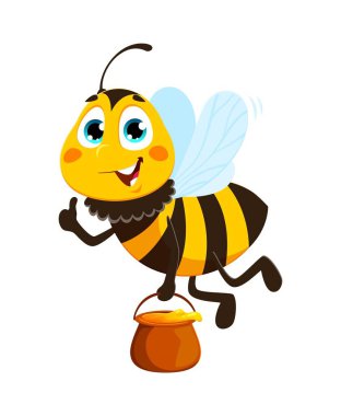 Bal testisi böcek karakteriyle uçmak. Arı böceği komik çizgi film karakteri, yaban arısı gibi neşeli vektör izole şahsiyet. Bal arısı bebek mutlu maskot bal topluyor ve taşıyor