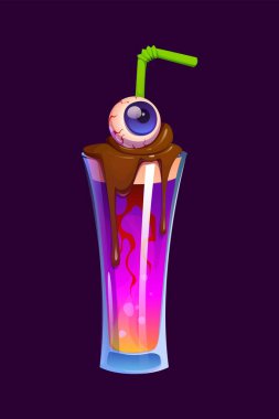 Ölü zombilerin korkunç gözleriyle Cadılar Bayramı kokteyli, karikatür vektörü. Cadılar Bayramı korku gecesi ürkütücü kokteyl bardağı ya da şeker mi şaka mı partisi için çikolatada gözü olan sihirli iksir