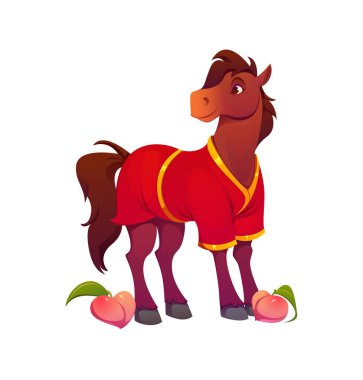 Tatil için Çin Yeni Yıl çizgi filmi at karakteri, vektör hayvan sembolü. Ay takvimi için geleneksel Çin kostümü içinde komik çizgi film atı Yeni Yıl ya da CNY Asya bayramı sembolü