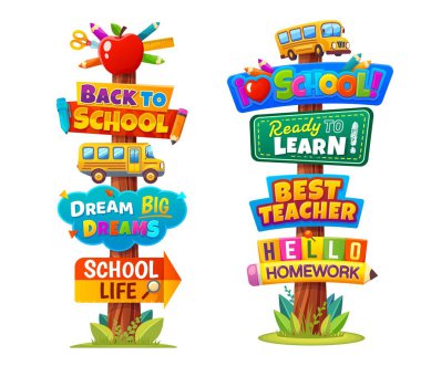 Eğitim ve öğrenim tabelaları, çizgi film vektörü. Okul tabelasına veya tabela tahtasına, okul otobüsüne, öğrenci kâğıtlarına ve öğrenme alıntılarına yönlü oklarla geri dönün.