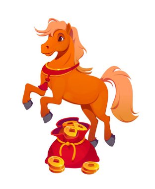 Asya bayramı için altın sikke çantalı Çin Yeni Yılı çizgi film atı hayvanı, vektör karakter. Çin 'in ay takvimi için para çantalı komik çizgi film atı ve Yeni Yıl ya da Yıl' ın şans sembolü