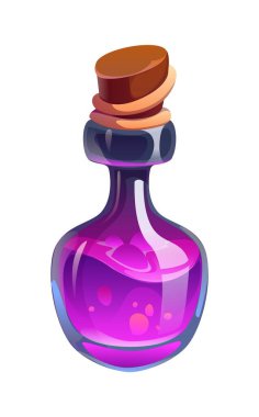 Cadılar Bayramı çizgi filmi sihirli iksir şişesi ya da cam şişede cadı zehri iksiri, vektör ikonu. Cadılar Bayramı korku gecesi tatili ve parti iksiri sıvı büyü içeceği ya da iksir tortusu.