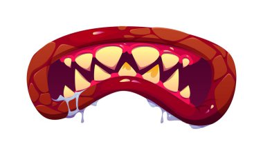 Korkunç çizgi roman Cadılar Bayramı canavar ağzı keskin sarı dişleri ve şeffaf tükürük damlayan pembe diş etleri. Cadılar Bayramı yaratığı çenesi sivri dişlerle dolu, canavar ağzıyla bayram çıkartması.