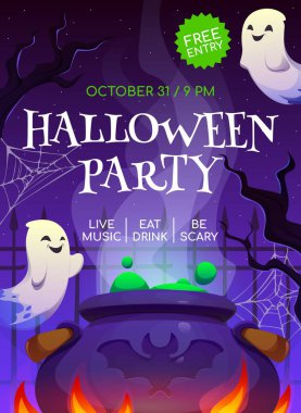 Gülen hayaletlerle çevrili büyük kazan köpüklü yeşil iksirli Cadılar Bayramı parti ilanı. Gökyüzünün altında örümcek ağları ve tüyler ürpertici çıplak ağaçlar. Komik hayaletli Cadılar Bayramı davetiyesi.