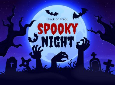 Ürkütücü Cadılar Bayramı taşıyıcı afişi. Dolunay, uçan yarasalar ve zombi elli siluetler terk edilmiş bir mezarlıkta mezarlardan yükseliyor. Lanetli korku gecesi posteri