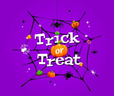 Örümcek ağı iplikçikleriyle şeker ya da şaka, Cadılar Bayramı taşıyıcı pankartı. Cadılar Bayramı örümcek ağı küçük balkabakları, mısır şekeri ve sürünen örümceklerle kaplı. Çizgi film festivali, ürkütücü tebrik kartı.