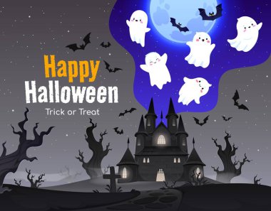 Cadılar Bayramı 'nda uçan hayaletler, ölü ağaçlar ve mezarlığa ışık saçan ürkütücü bir şato köşkü. Karanlık efsunlu kale sisli bir tepenin üzerinde duruyor, sisli zeminden mezar taşları yükseliyor.