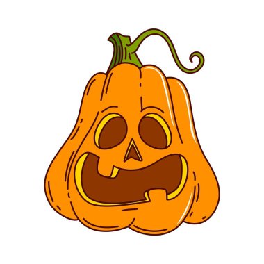 Komik yüzlü, parlak gözlü ve büyük dişli harika bir Cadılar Bayramı balkabağı karakteri. Pürüzsüz turuncu kıvrımlı ve yeşil saplı turuncu kabak. Korkunç vektör Jack o fener balkabağı kişiliği