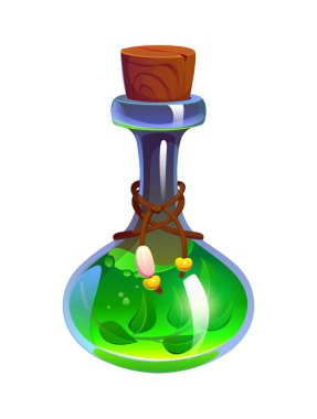Cadılar Bayramı çizgi film iksiri şişesi yeşil köpüren vektör iksiriyle dolu. Küçük yapraklarla parlayan karışım, tıpa tıpası ile mühürlenmiş ve sihirli iksir şişesi için boncuk ve sicimle detaylandırılmış.