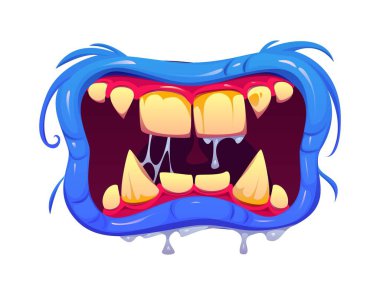 Cadılar Bayramı çizgi filmi kocaman canavar ağzı. Aşırı büyük eğri dişleri olan vektör tüyler ürpertici çeneler, Cadılar Bayramı partisi için damlayan tükürük ve kıllı mavi dudaklar, korku çıkartması ya da ürkütücü dekorasyon kullanımı