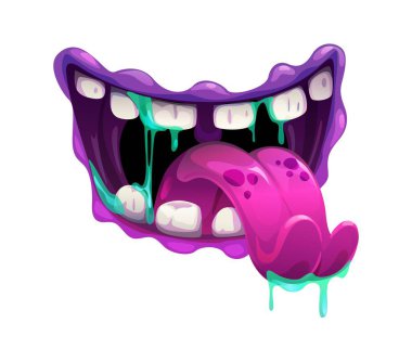 Çizgi film cadılar bayramı canavarı ağzı keskin dişleri ve yeşil tükürük damlatan uzun dilli. Keskin dişleri, salyası ve sümüğü olan korkunç vektör ağzı. Şeytani çizgi film canavar çenesi mor ve pembe tonlarda
